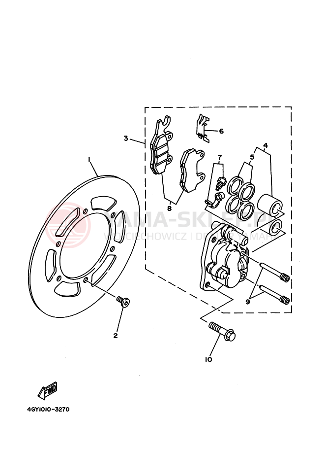 Schemat "Zacisk hamulcowy + tarcza przód" do Yamaha DT230 LANZA