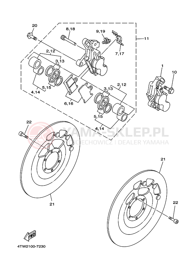 Schemat "Zacisk hamulcowy + tarcza przód" do Yamaha TZ250