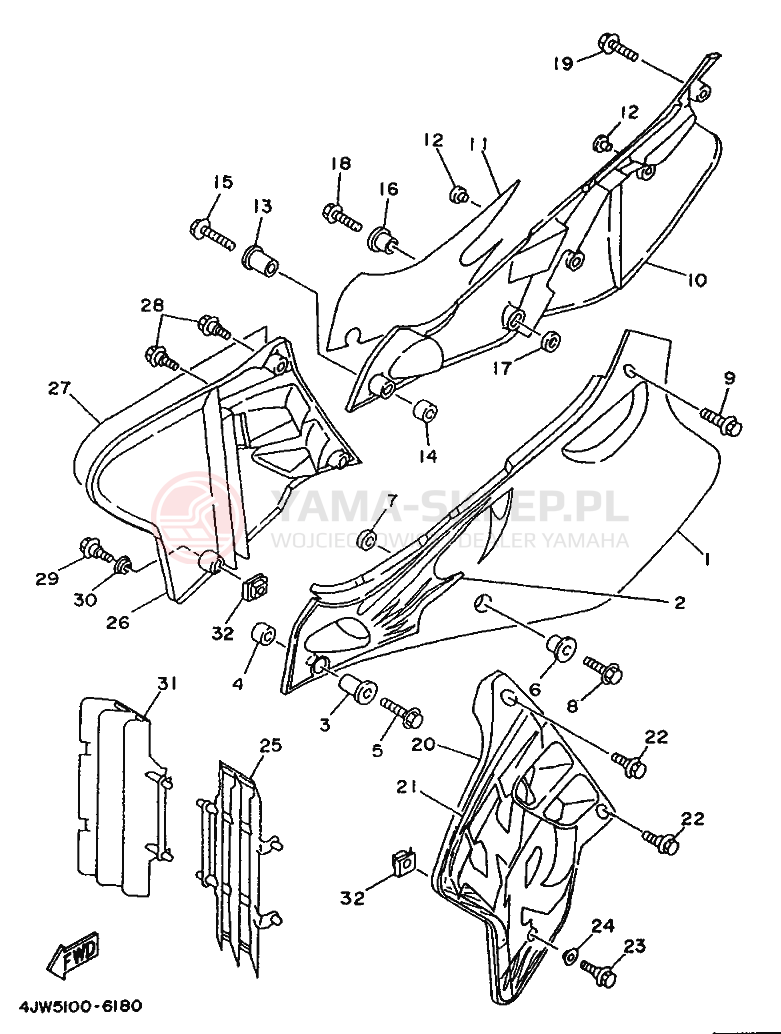 Schemat "Owiewki, pola numer., zb. oleju" do Yamaha WR250Z