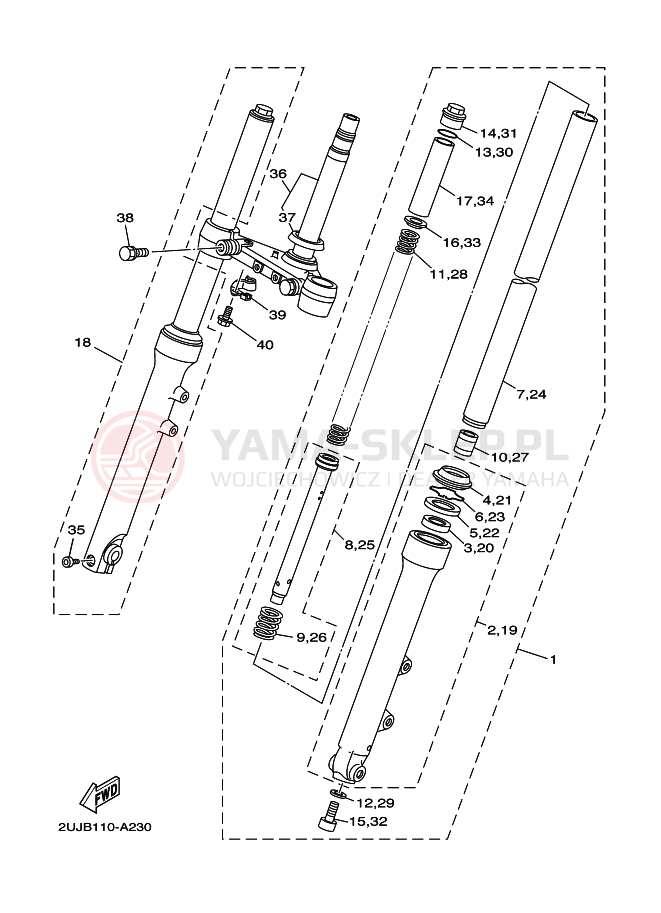 Schemat "Amortyzatory przód" do Yamaha XV250 XV250S VIRAGO
