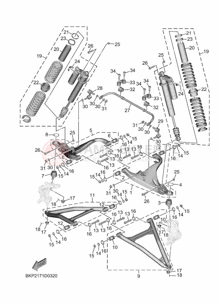 Schemat "PRZEDNIE ZAWIESZENIE KOŁA" do Yamaha WOLVERINE RMAX2 1000 R-SPEC
