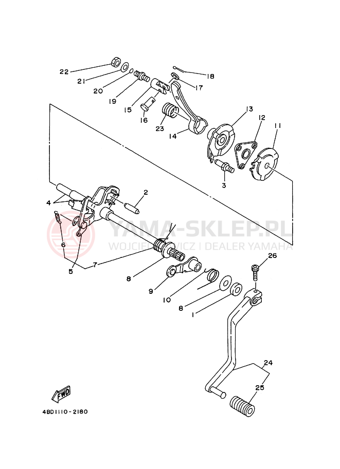 Schemat "Dźwignia zmiany biegów, wałek" do Yamaha YFB250FW
