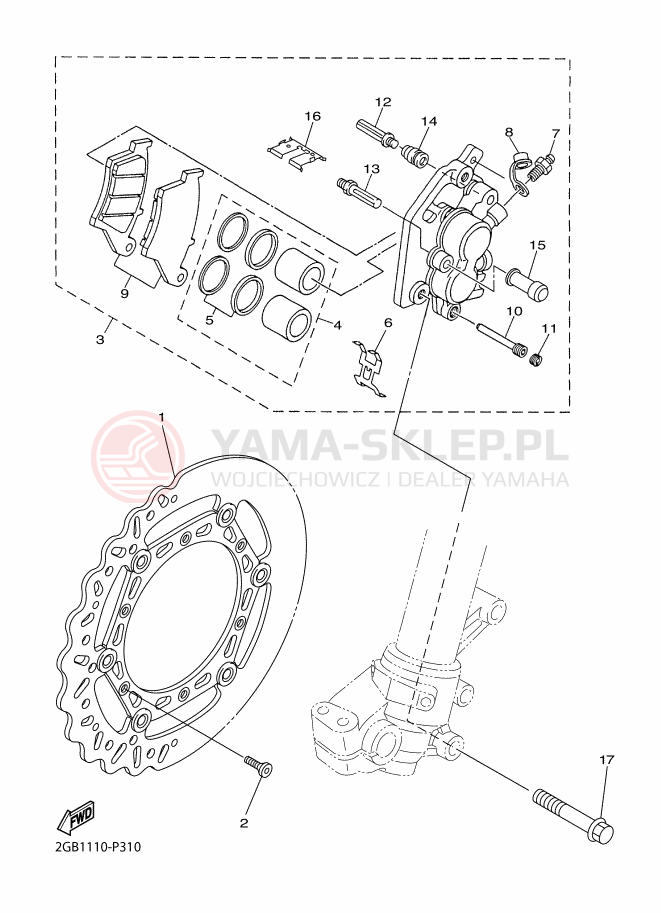 Schemat "Zacisk hamulcowy + tarcza przód" do Yamaha WR250F