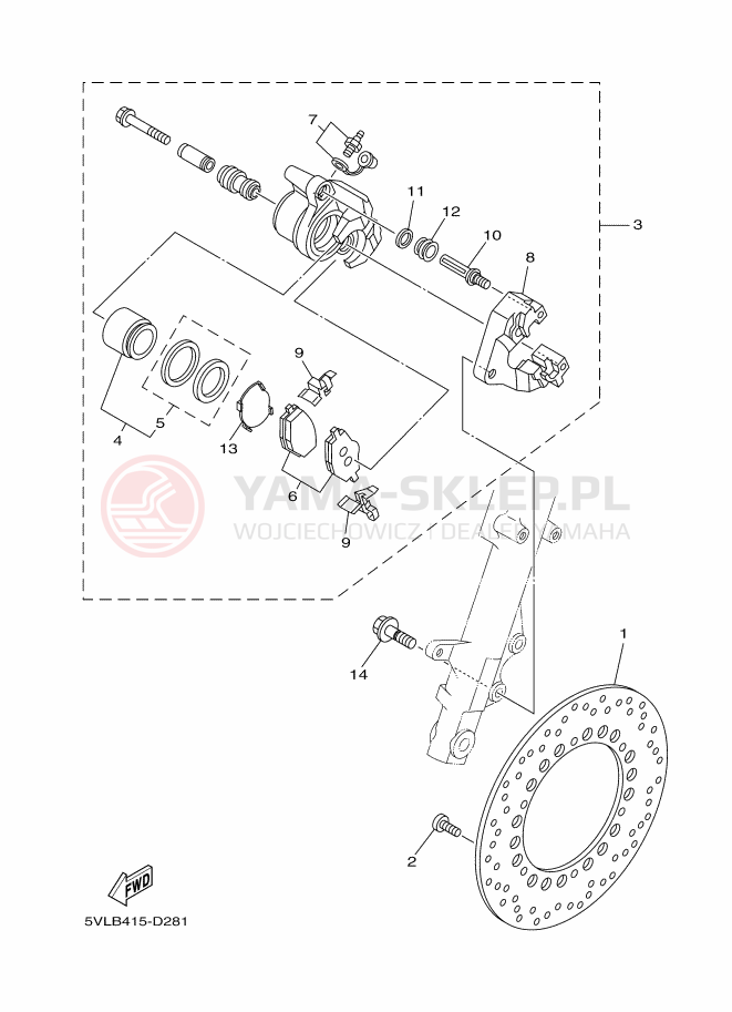 Schemat "Zacisk hamulcowy + tarcza przód" do Yamaha YBR125E