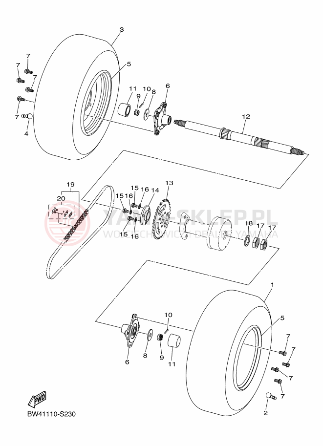 Schemat "tylna oś i koło" do Yamaha YFZ50