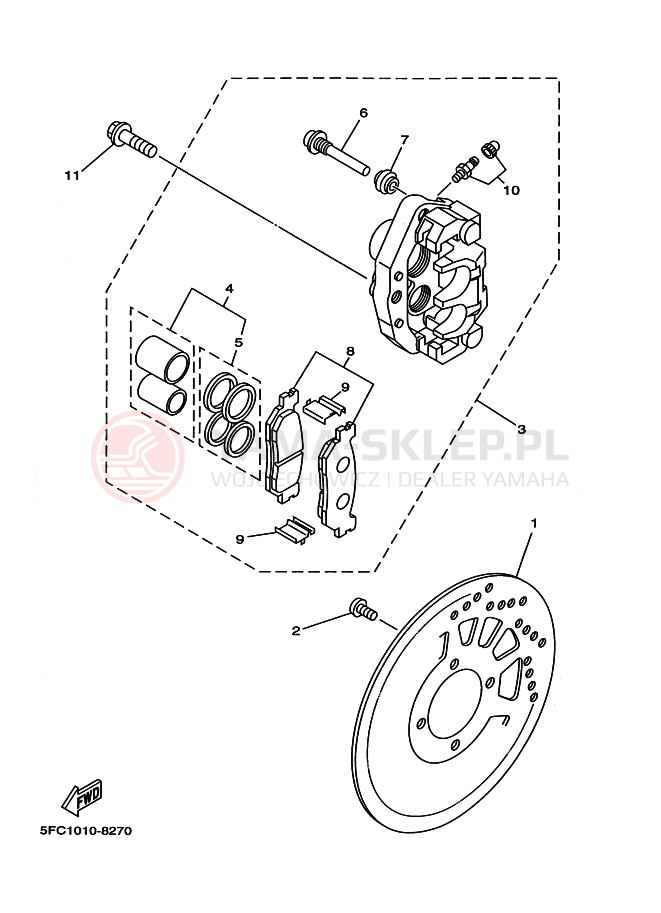 Schemat "Zacisk hamulcowy + tarcza przód" do Yamaha RZ50
