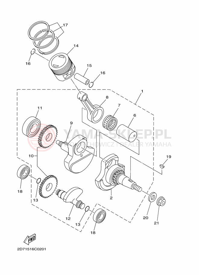 Schemat "Wał korbowy, tłok" do Yamaha YBR125