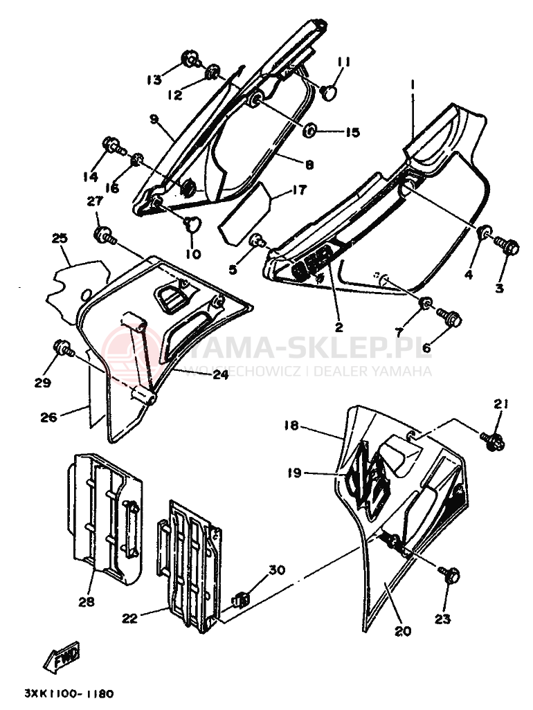 Schemat "Owiewki, pola numer., zb. oleju" do Yamaha YZ250