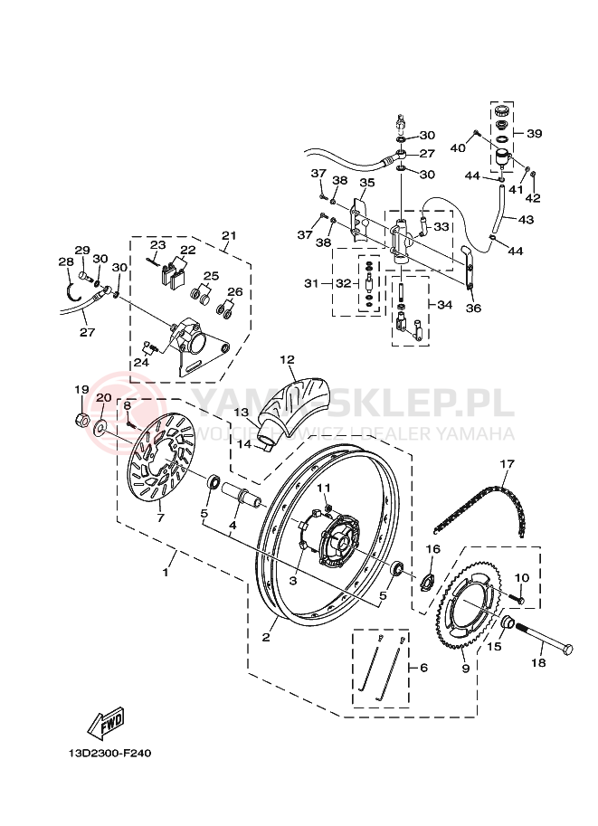Schemat "TYLNE KOŁO I UKŁAD HAMULCOWY" do Yamaha XT125X