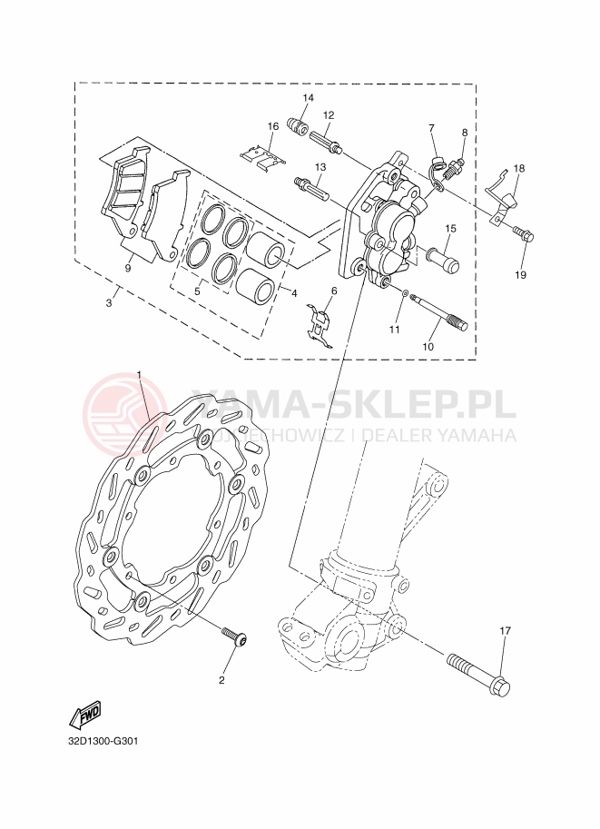 Schemat "Zacisk hamulcowy + tarcza przód" do Yamaha WR250R