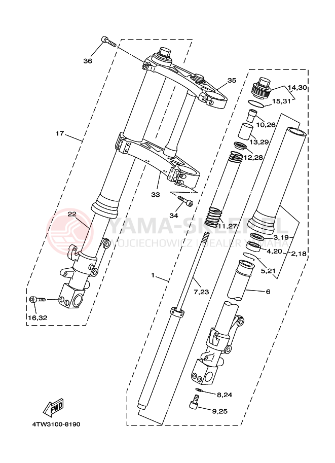 Schemat "Amortyzatory przód" do Yamaha TZ250