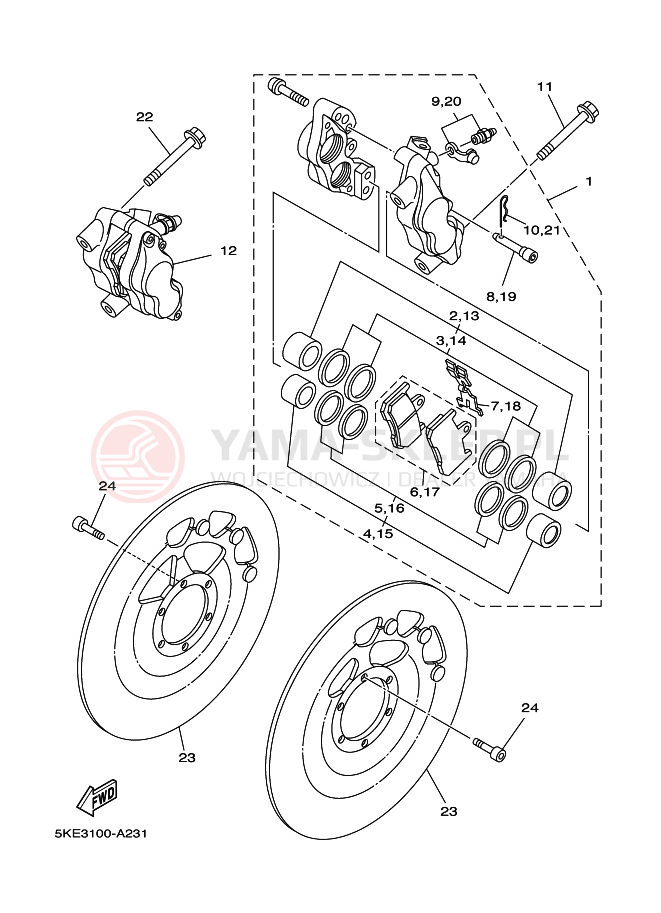 Schemat "Zacisk hamulcowy + tarcza przód" do Yamaha TZ250