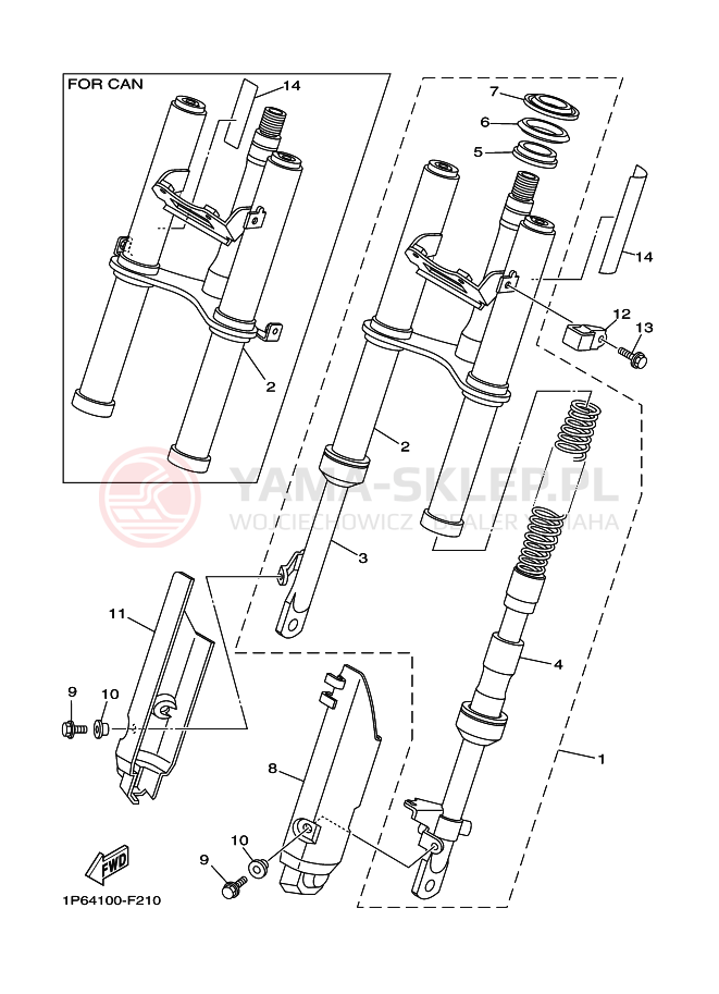 Schemat "Amortyzatory przód" do Yamaha TT-R50E