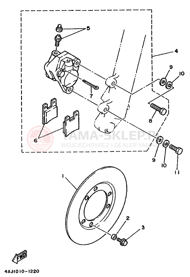 Schemat "Zacisk hamulcowy + tarcza przód" do Yamaha TY250R TY250