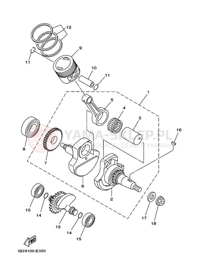 Schemat "Wał korbowy, tłok" do Yamaha TT-R125E