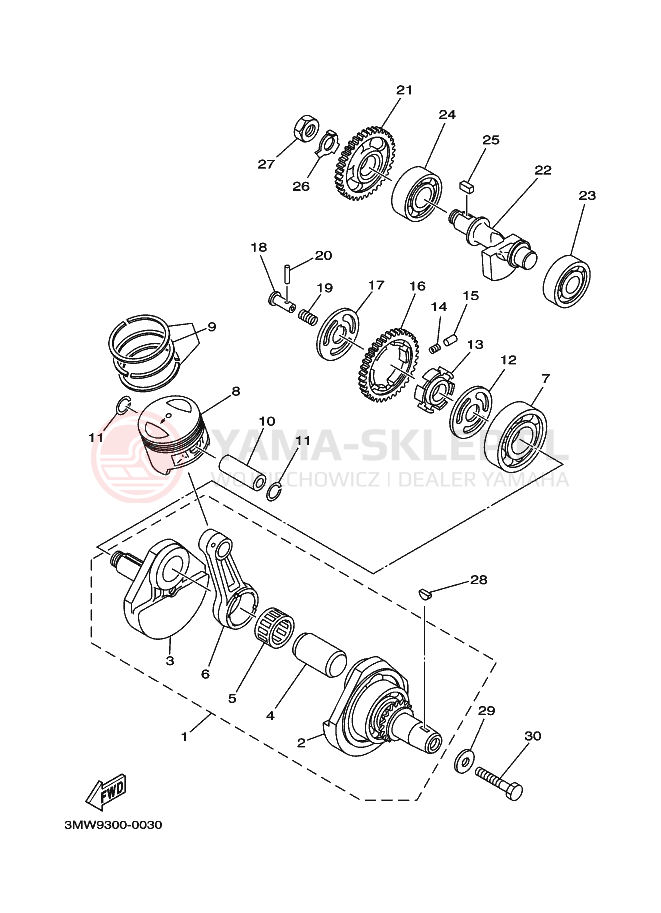 Schemat "Wał korbowy, tłok" do Yamaha SR125