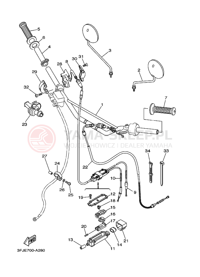 Schemat "Kierownica i osprzęt" do Yamaha DT175 DT175S