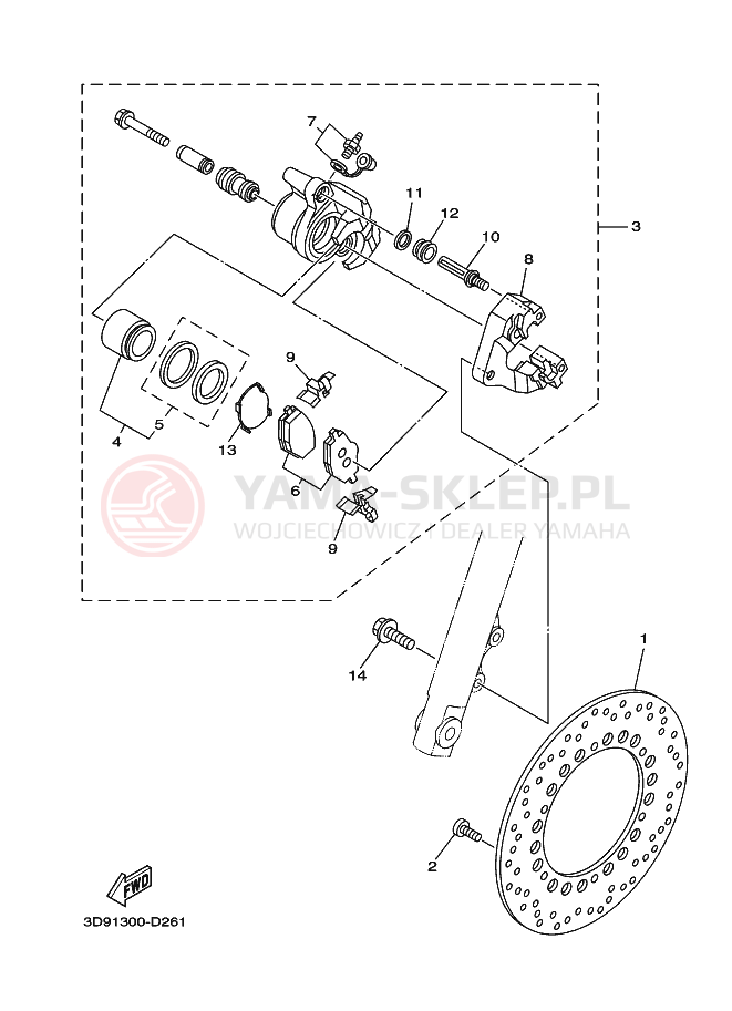 Schemat "Zacisk hamulcowy + tarcza przód" do Yamaha YBR125ED