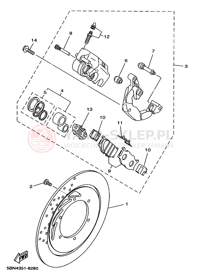 Schemat "Zacisk hamulcowy + tarcza przód" do Yamaha XVS650A DRAGSTAR CLASSIC