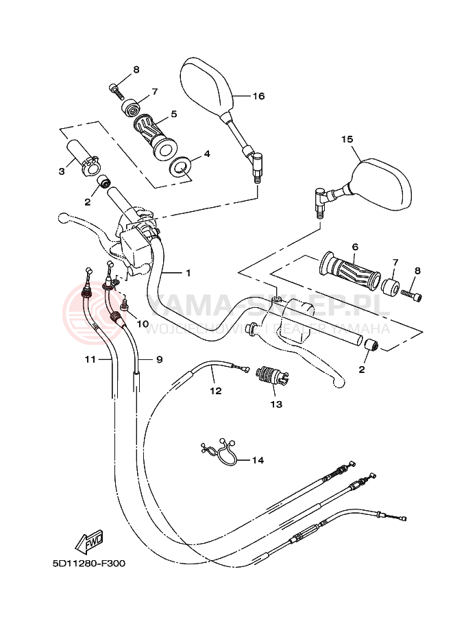 Schemat "Kierownica i osprzęt" do Yamaha YBR250