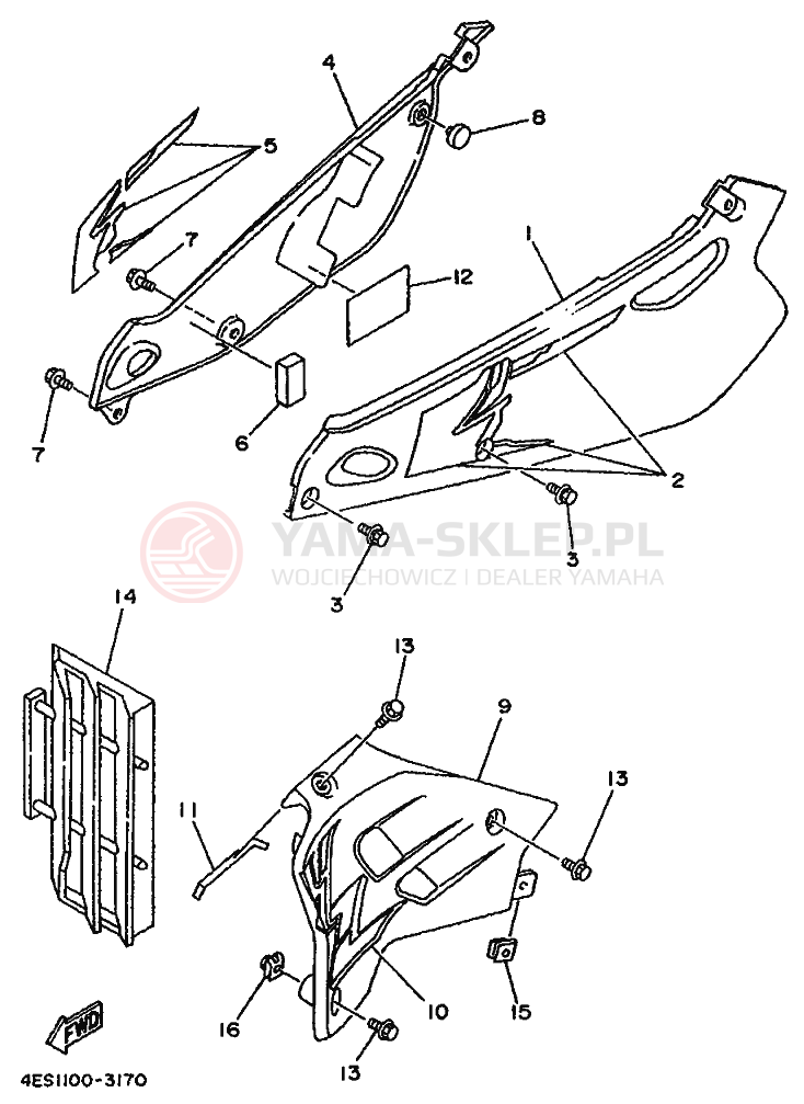 Schemat "Owiewki, pola numer., zb. oleju" do Yamaha YZ80