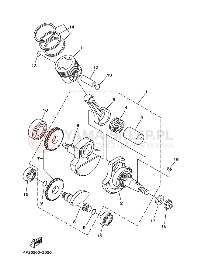 Schemat "Wał korbowy, tłok" do Yamaha YBR125E