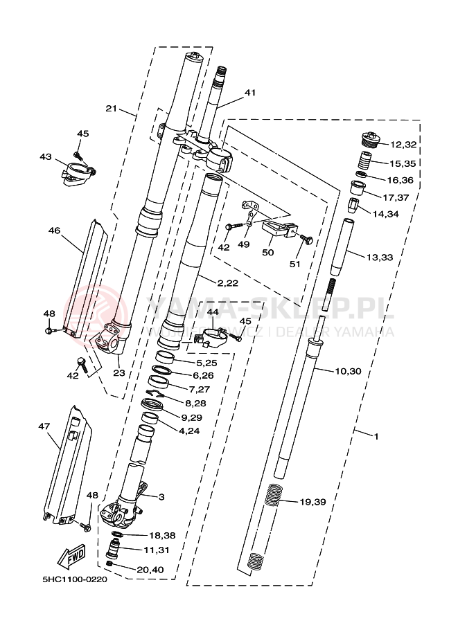 Schemat "Amortyzatory przód" do Yamaha YZ250