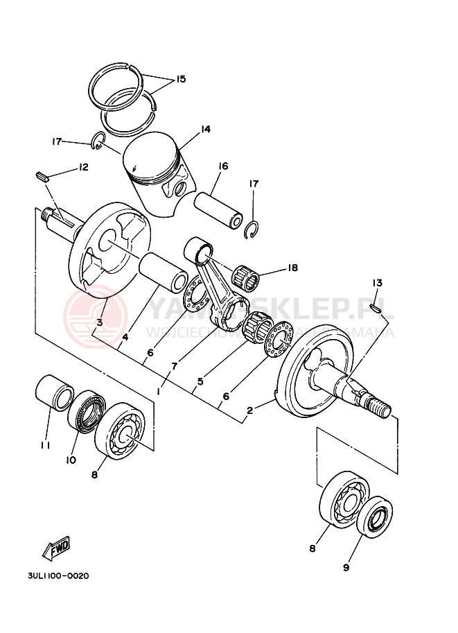 Schemat "Wał korbowy, tłok" do Yamaha RT100