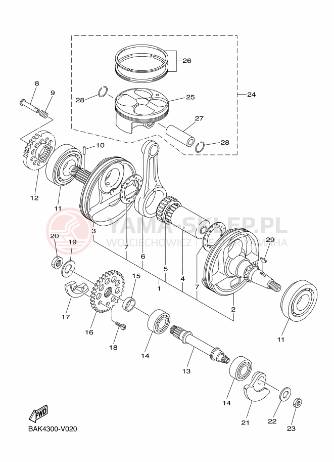 Schemat "Wał korbowy, tłok" do Yamaha WR250F