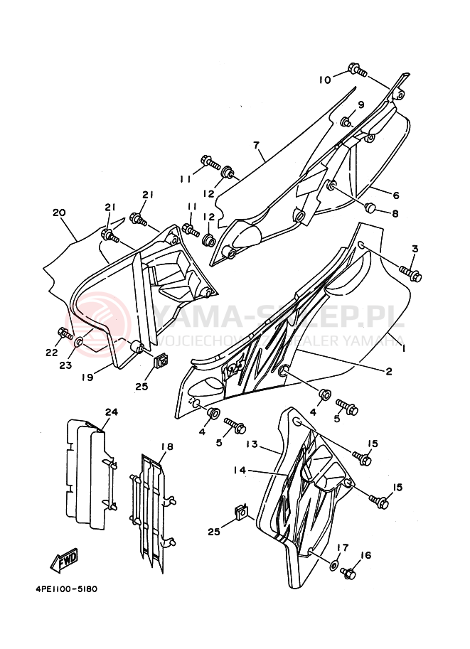 Schemat "Owiewki, pola numer., zb. oleju" do Yamaha YZ125