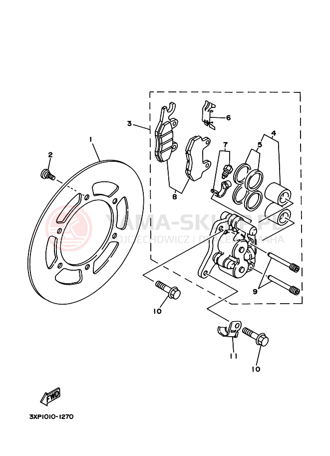 Schemat "Zacisk hamulcowy + tarcza przód" do Yamaha WR200R