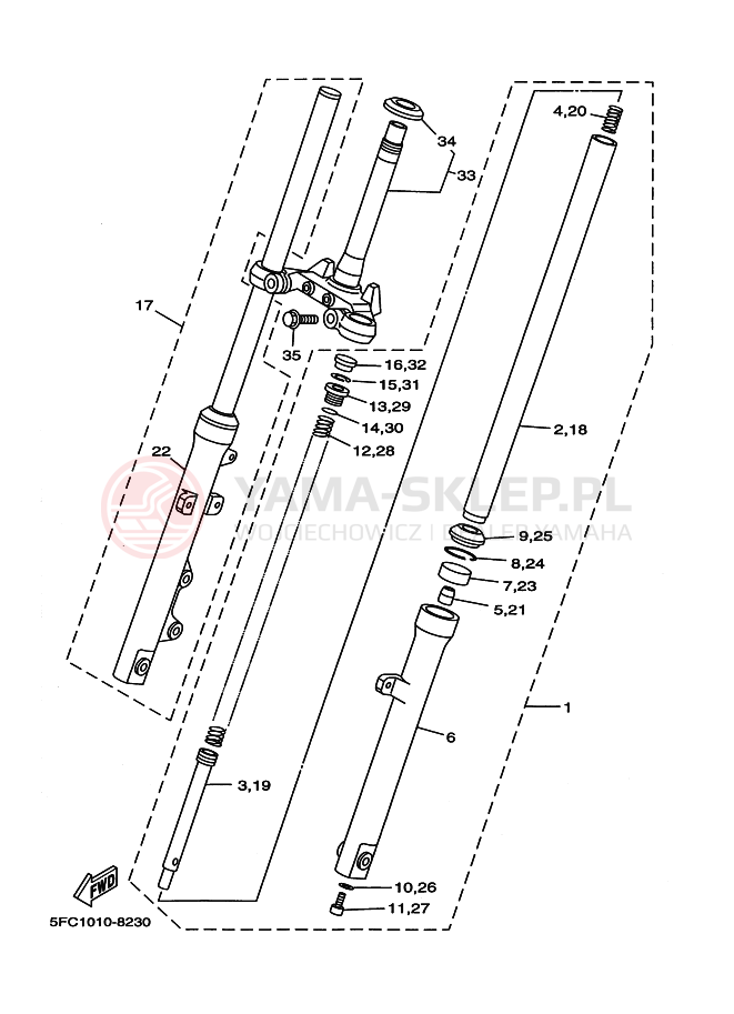 Schemat "Amortyzatory przód" do Yamaha RZ50