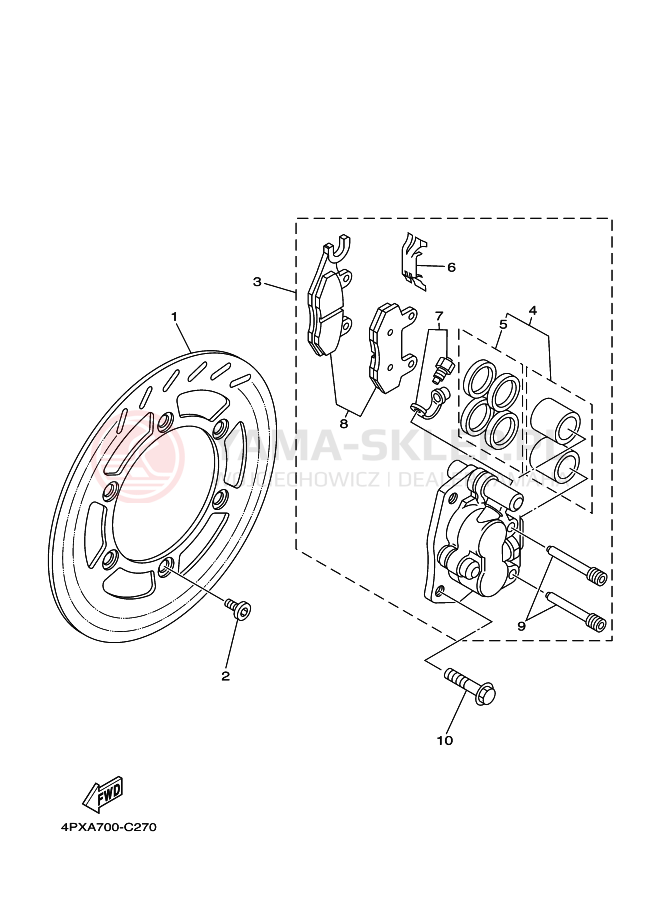Schemat "Zacisk hamulcowy + tarcza przód" do Yamaha TT250R TT-R250 TT250RT