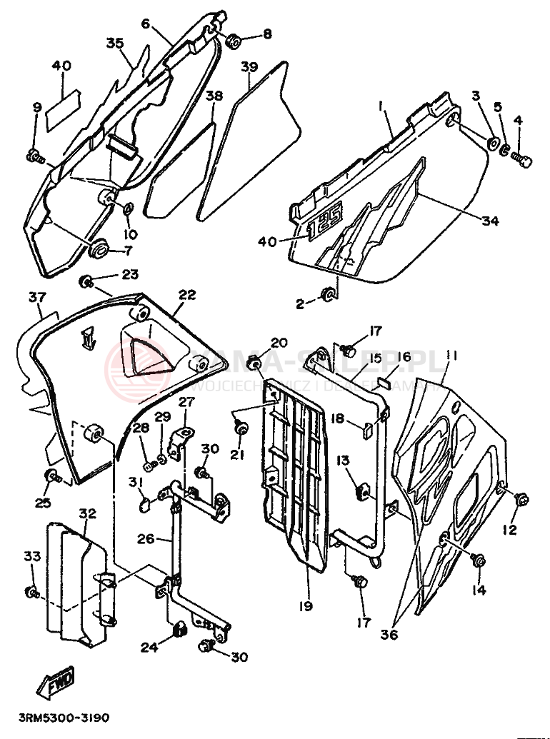 Schemat "Owiewki, pola numer., zb. oleju" do Yamaha DT125R