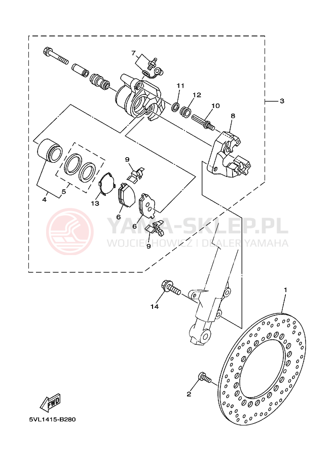 Schemat "Zacisk hamulcowy + tarcza przód" do Yamaha YBR125