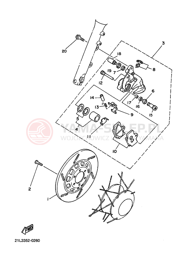Schemat "Zacisk hamulcowy + tarcza przód" do Yamaha SR250