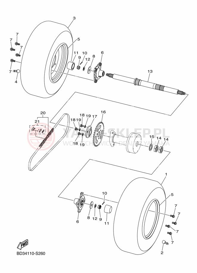 Schemat "tylna oś i koło" do Yamaha YFM90R