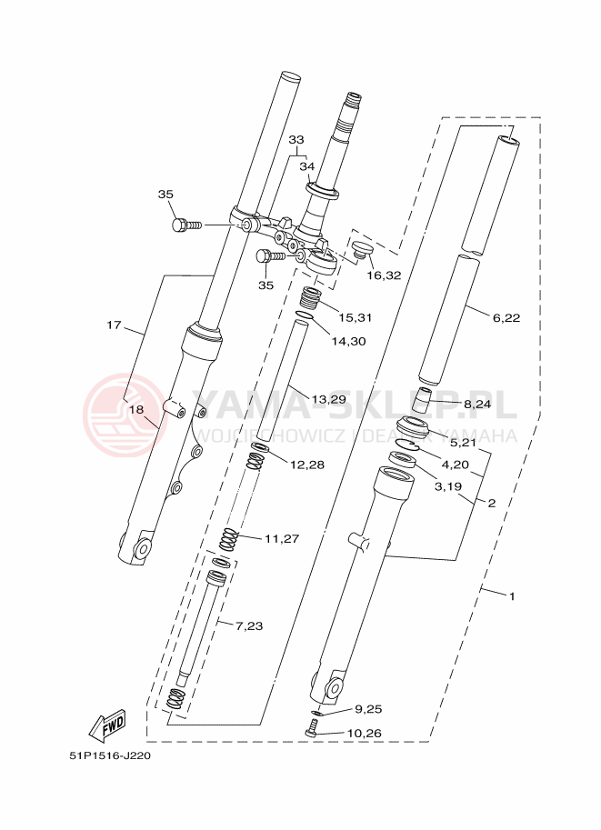 Schemat "Amortyzatory przód" do Yamaha YBR125ESD