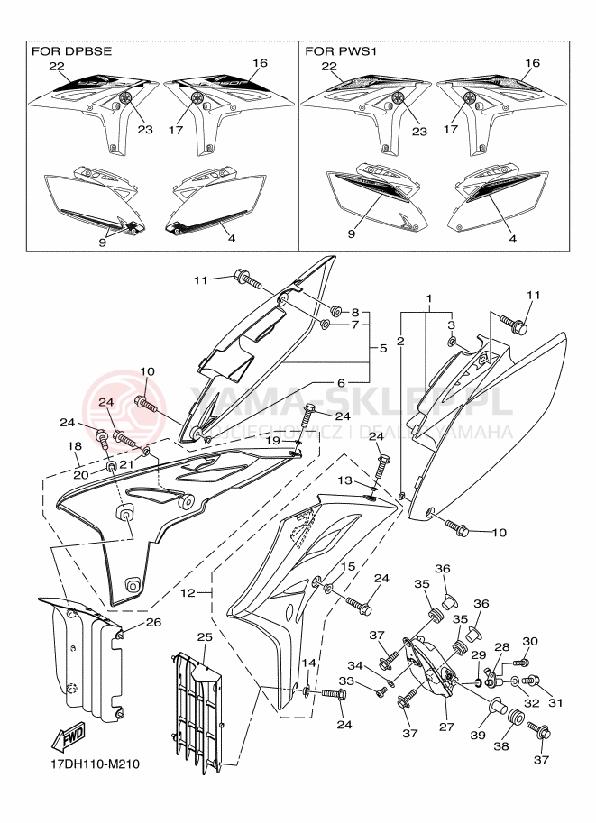 Schemat "Owiewki, pola numer., zb. oleju" do Yamaha YZ250F