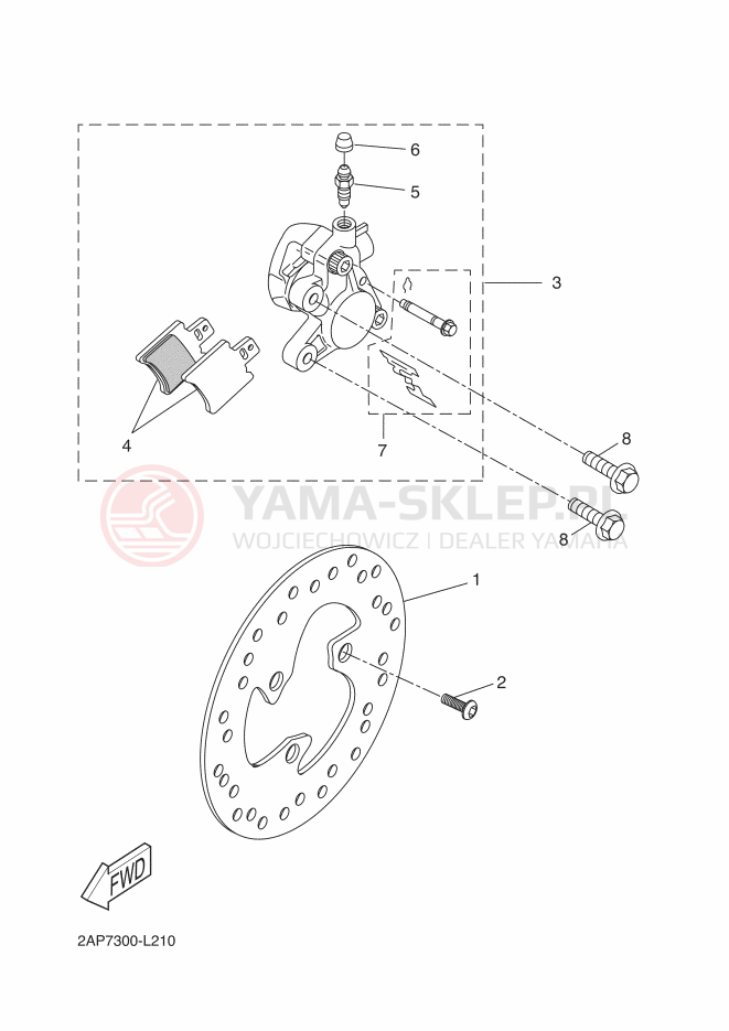 Schemat "Zacisk hamulcowy + tarcza przód" do Yamaha YN50