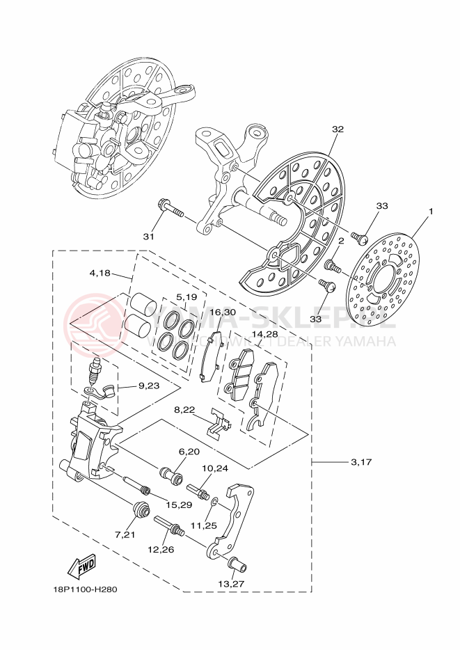 Schemat "Zacisk hamulcowy + tarcza przód" do Yamaha YFZ450RE