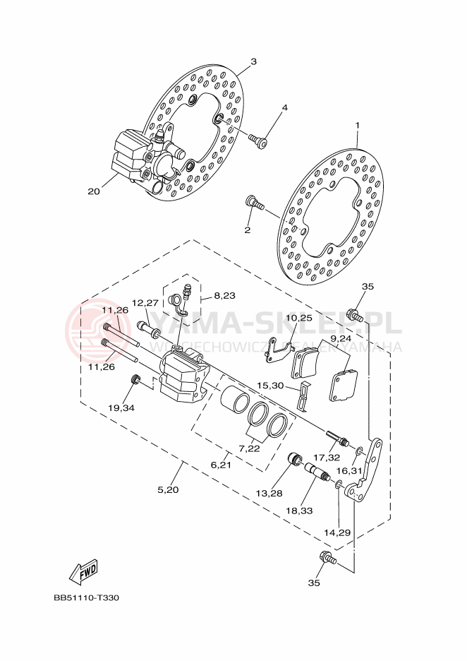 Schemat "Zacisk hamulcowy + tarcza przód" do Yamaha KODIAK 450 EPS