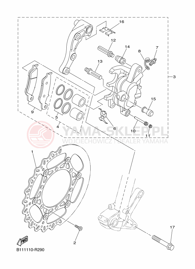 Schemat "Zacisk hamulcowy + tarcza przód" do Yamaha YZ250F