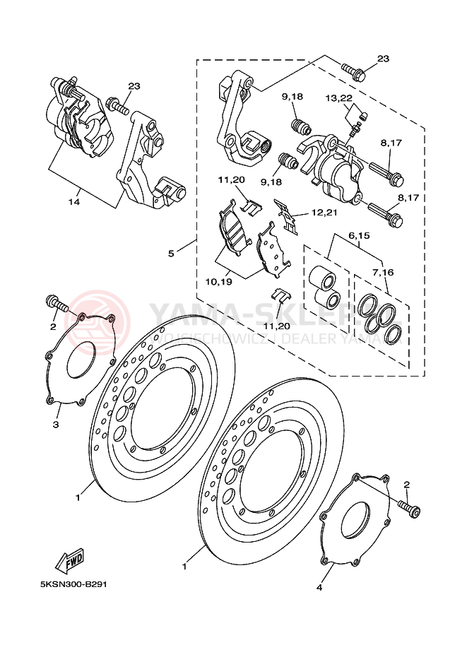 Schemat "Zacisk hamulcowy + tarcza przód" do Yamaha XVS1100A DRAGSTAR 1100 CLASSIC