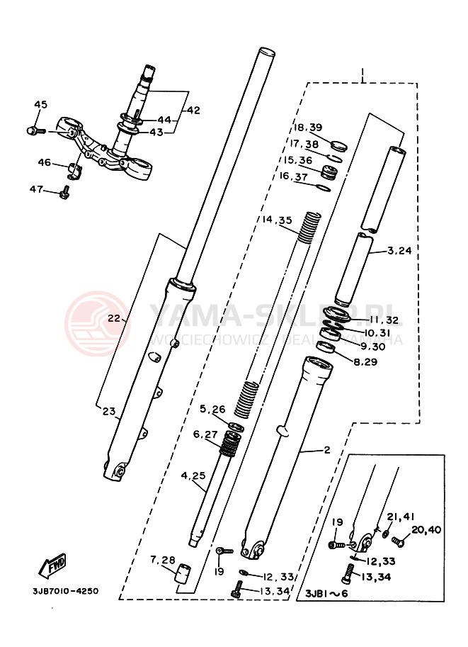 Schemat "Amortyzatory przód" do Yamaha XV400 VIRAGO
