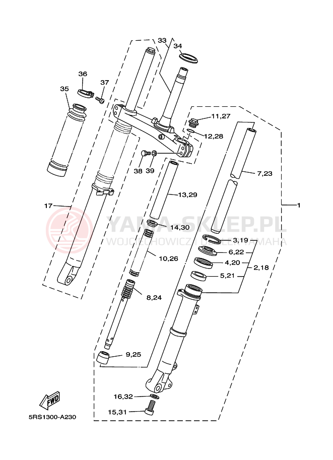 Schemat "Amortyzatory przód" do Yamaha TW125