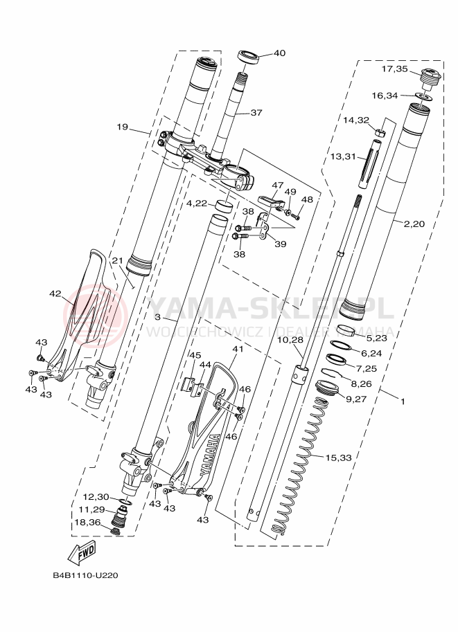 Schemat "Amortyzatory przód" do Yamaha YZ85LW