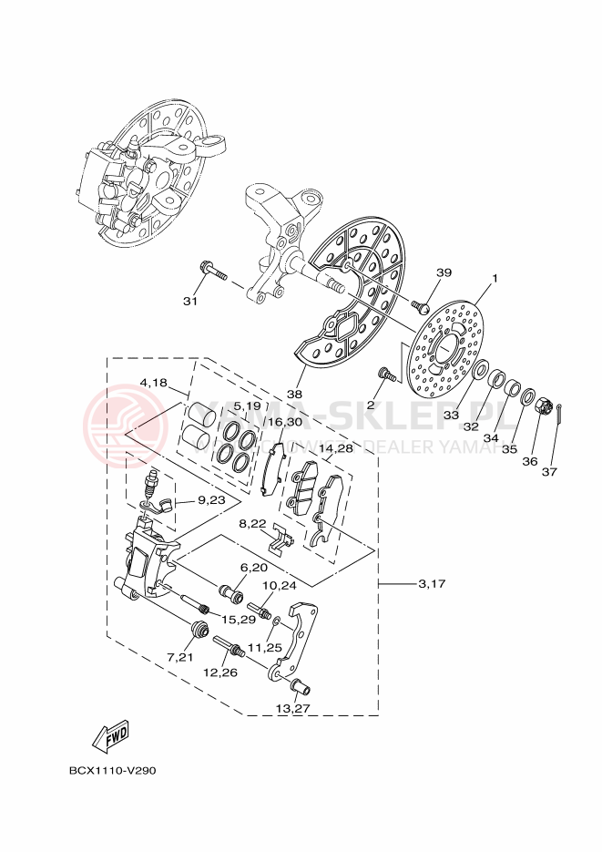 Schemat "Zacisk hamulcowy + tarcza przód" do Yamaha YFM700R