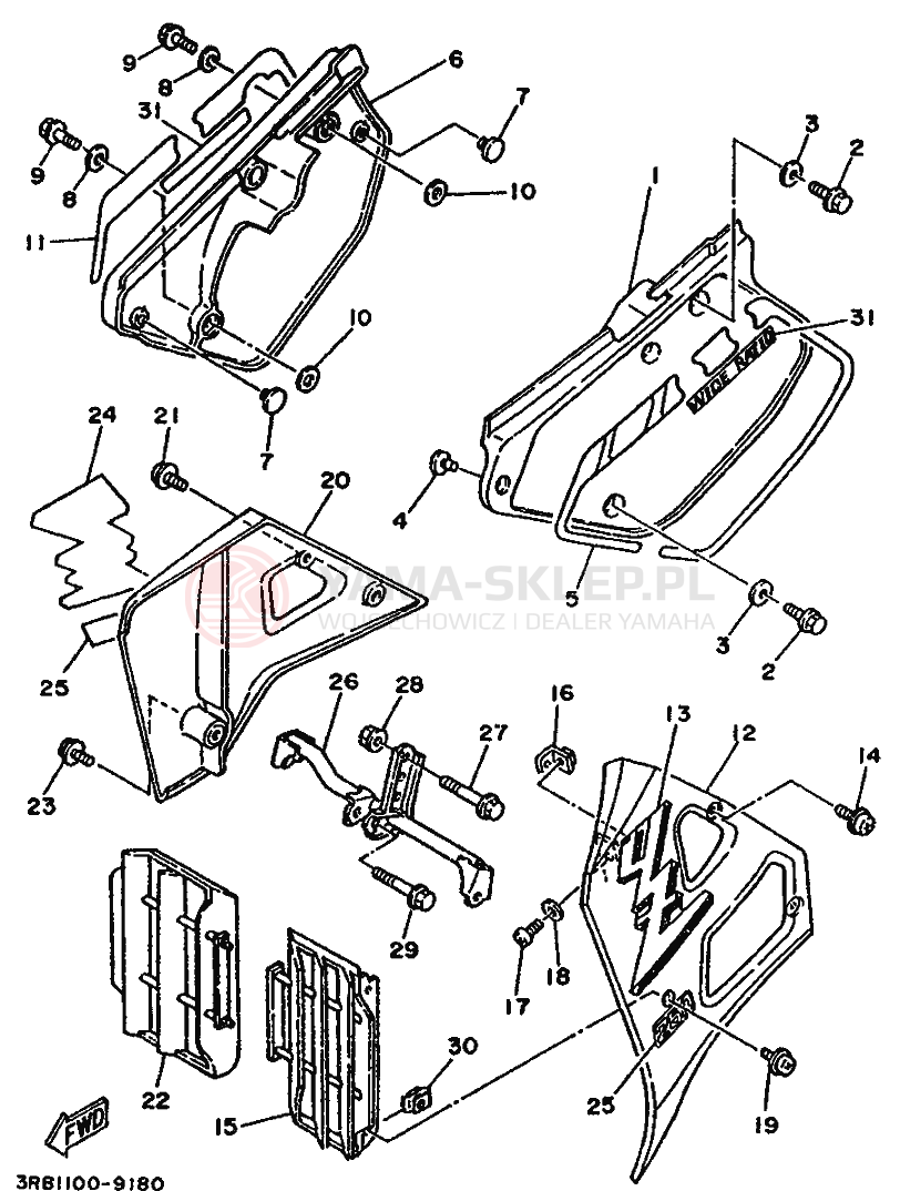 Schemat "Owiewki, pola numer., zb. oleju" do Yamaha YZ250WR WIDE RATIO YZ250