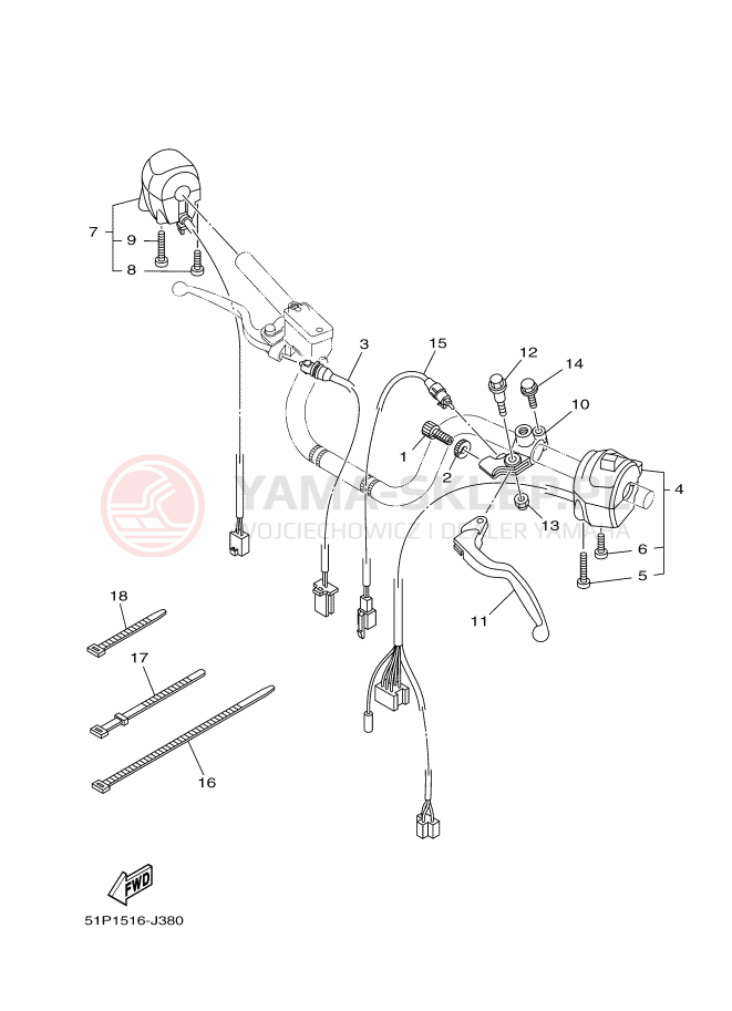 Schemat "Kierownica i osprzęt" do Yamaha YBR125ESD